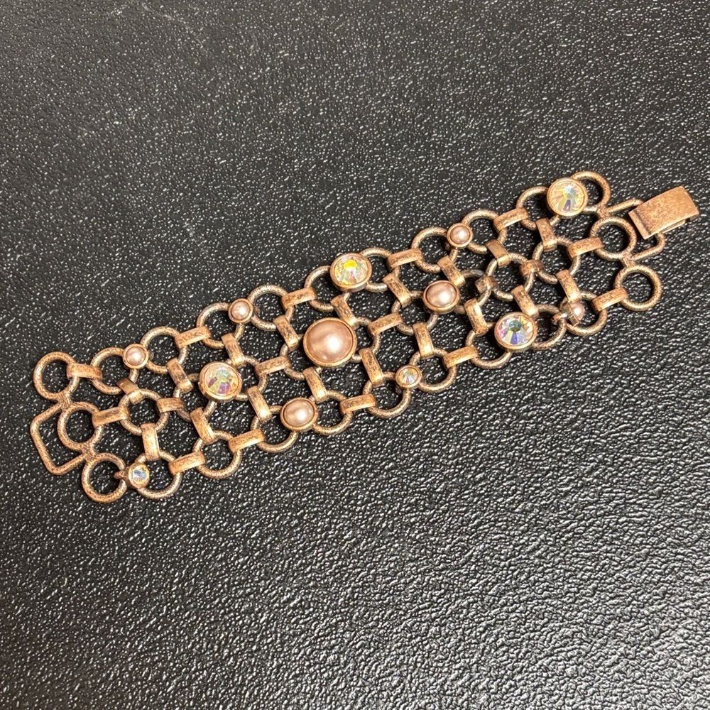Lia Sophia Wide Cuff Bracelet Copper Link Crystal Pink Pearl Vintage